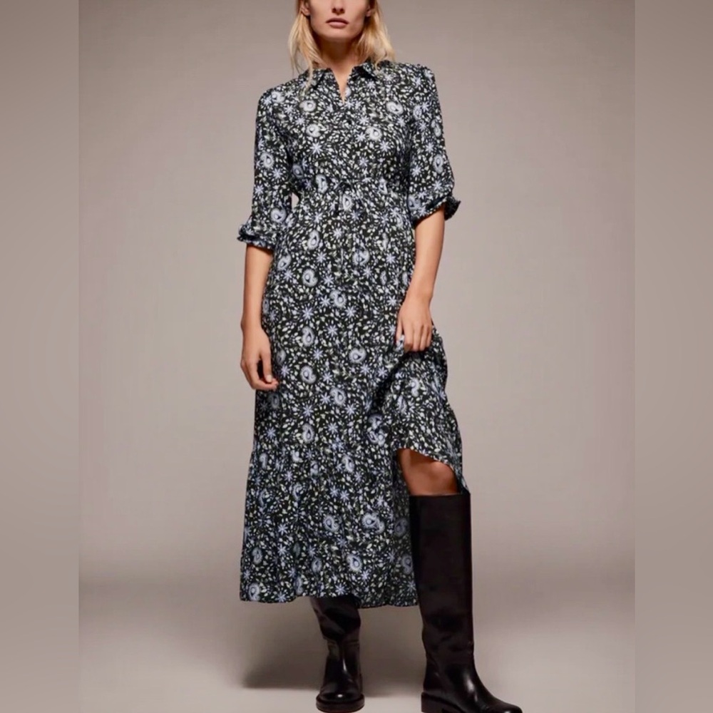 Zara Midnight Floral Tiered Maxi Shirt Dress